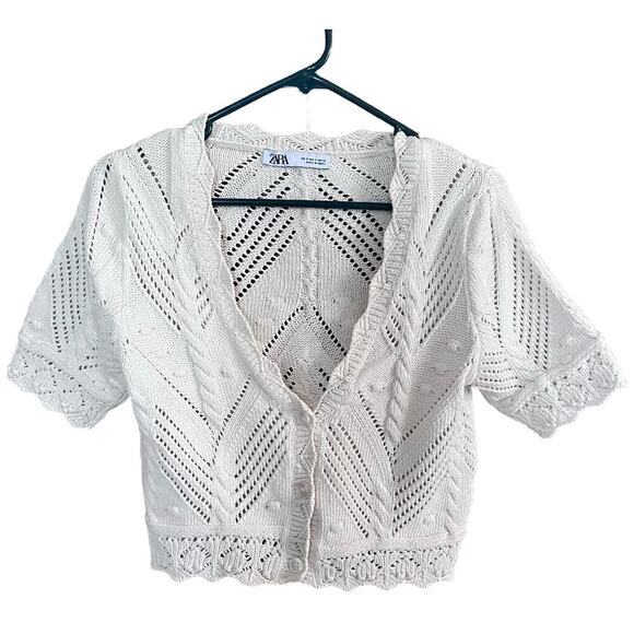 ZARA White Crop Cable Knit Short Sleeve V Neck Cardigan Small (K331) - Picture 1 of 6